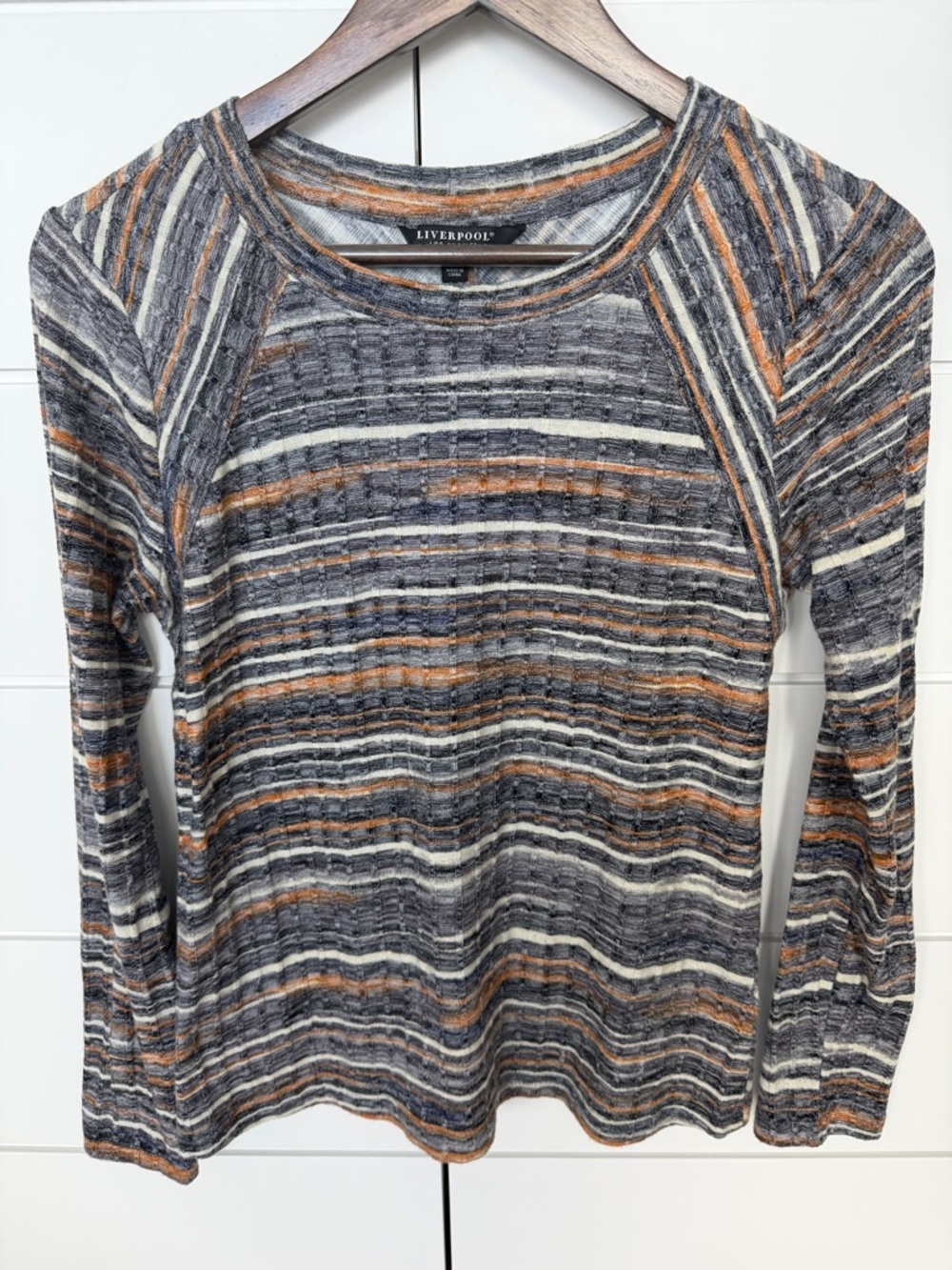 Liverpool Striped Long-Sleeve Knit Top in Gray, Orange & Cream